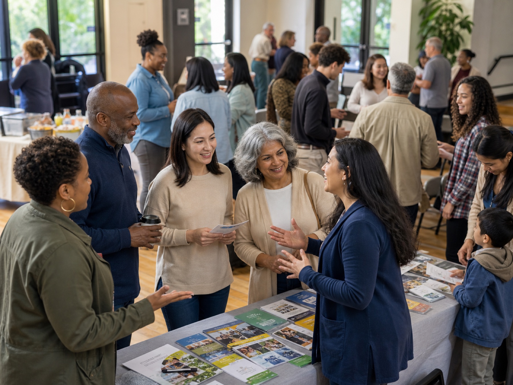 Community members connecting around resource tables after a workshop