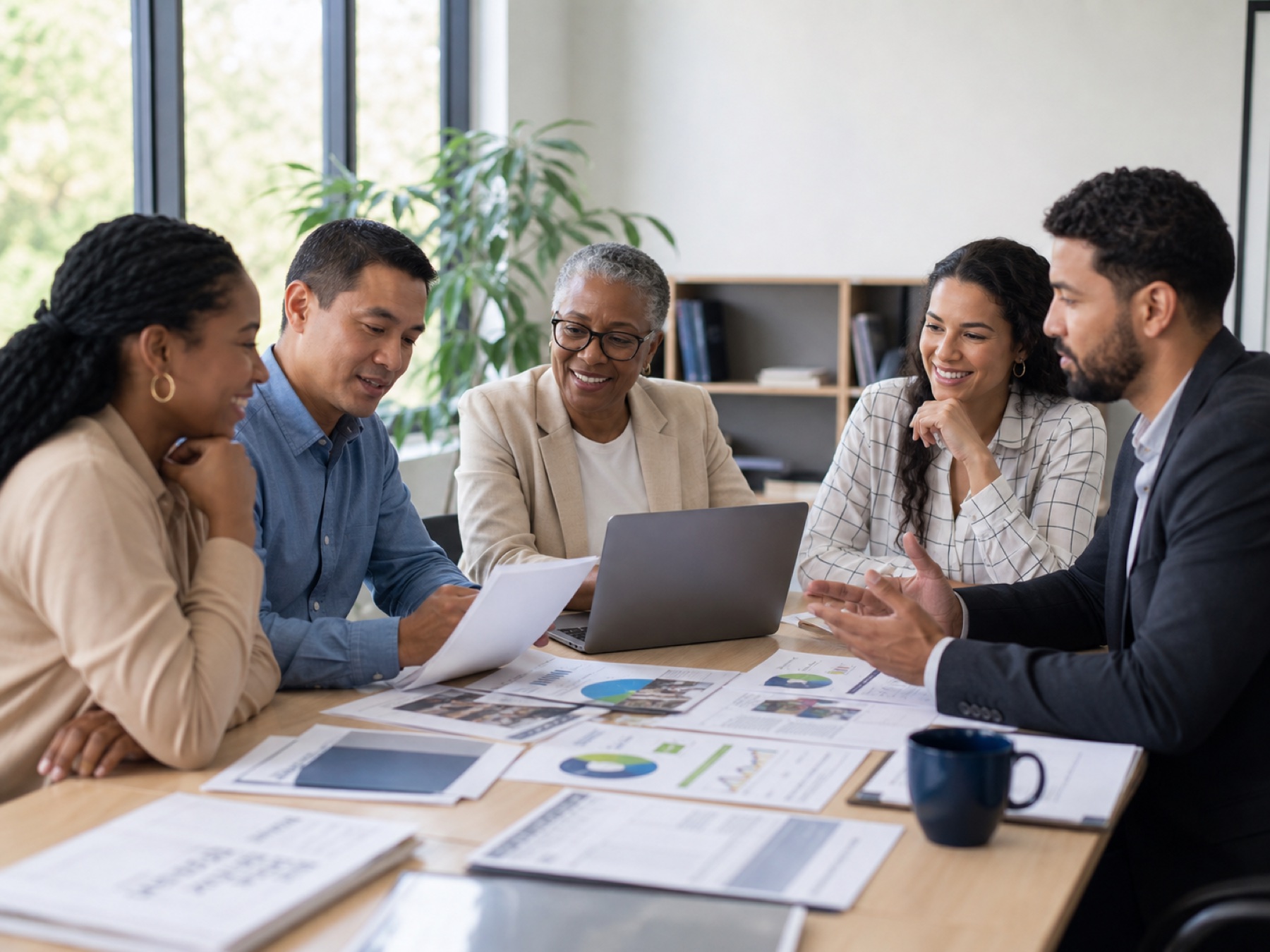 A diverse nonprofit and partner team reviewing program and grant materials together